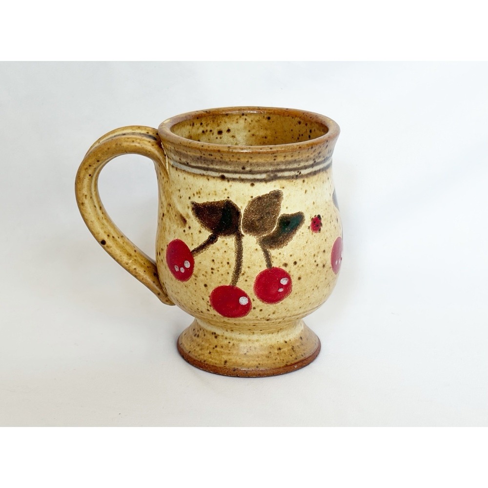 Studio Art Pottery Mug Cup Hand Painted Cherries Signed